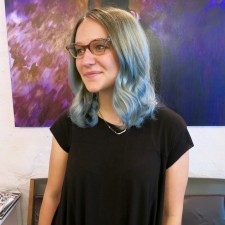 balayge highlights covere in denim blue hair color. For Seagull Salon NYC